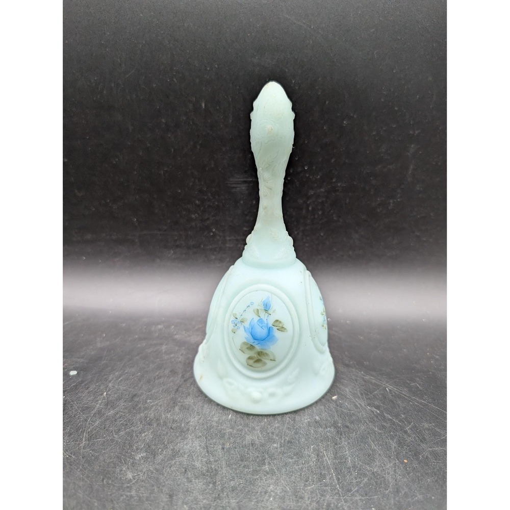 Fenton Blue Satin Custard Glass Bell Hand Painted Blue Rose Vintage Art Glass